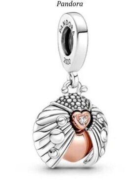 Pandora Two-Tone Angel Wing Heart Dangle Charm - Silver & Rose Gold